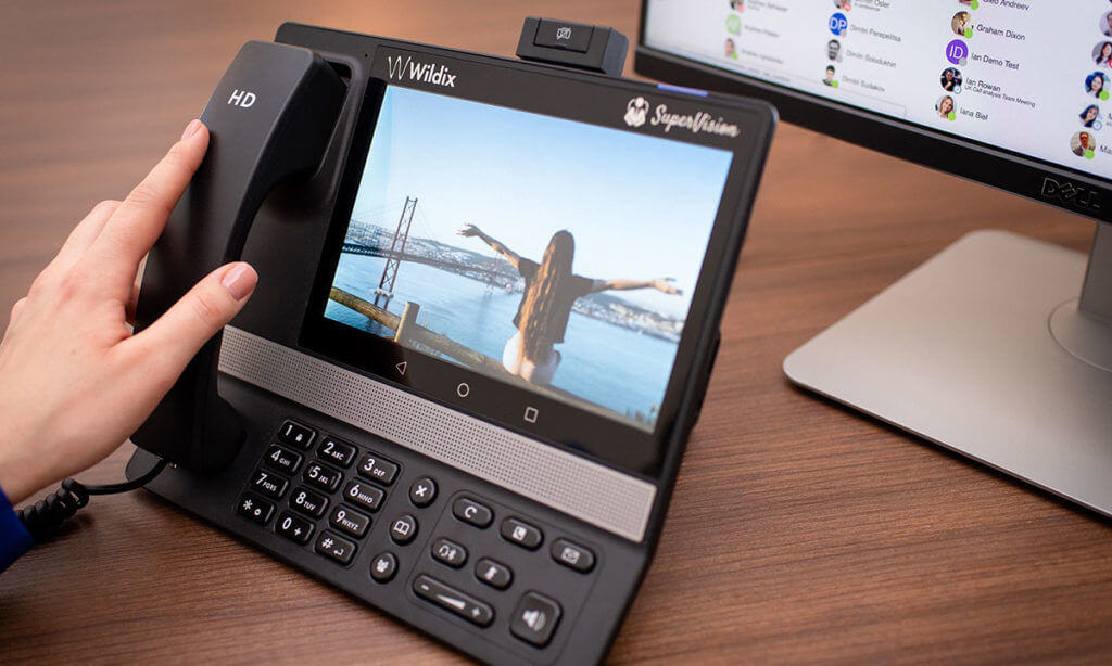 Close up of the video/touch-screen option on the SuperVision Wildix phone platform for superior video conferencing options